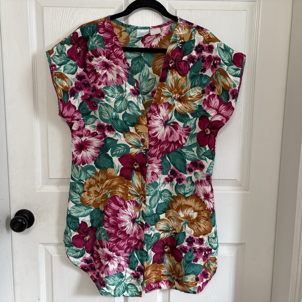Vtg Sleep Solutions Satin Mini Dress Shirt L Floral Hawaiian Tropical Print -see